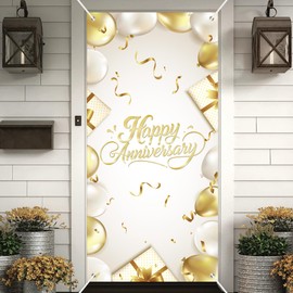 Happy Anniversary Backdrop Banner White Gold Elegant Door Cover Photography Background for Wedding Couples Party Decor 35x72 Inch