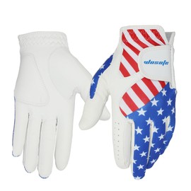wosofe Golf Gloves Men's Left Hand Cabretta Leather with Score Counter USA Flag Lycra Fiber White Adjustable Strap Breathable Comfortable Weathersof