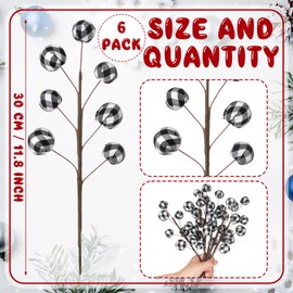 Suncalla 6 Pcs 11.8 Inch Christmas Buffalo Plaid Ball Pick Christmas Tree Decoration Xmas Black and White Ball Picks Tree Branches Arrangement Decoration for Xmas Vase Holiday Party Favor Supplies