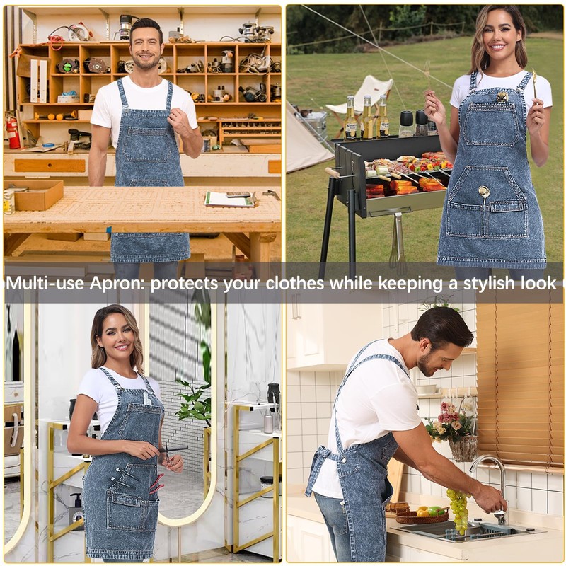 Beitiny Denim Apron with Pockets, Cross Back Apron for Men