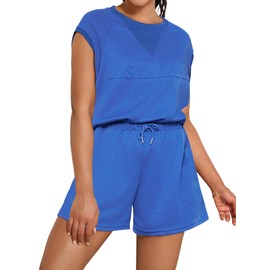 ONFERS Womens Two Piece Outfits Tracksuit Cap Sleeve Sweatshirt Tops Elactsic Waist Short Sets Casual Sweat Set Medium Royal Blue