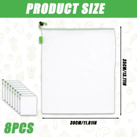 QhgPnt Reusable Mesh Fruit Bags, 8 Pack Vegetable Storage Bags with Drawstring, 35cm x 30cm Fresher for Longer Bags, Breathable Mesh Bags for Fruit Protection and Organizing