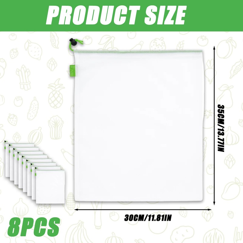QhgPnt Reusable Mesh Fruit Bags, 8 Pack Vegetable Storage Bags