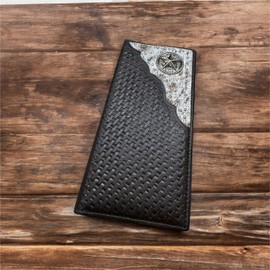 Western Stakes Men’s Long Leather Wallet – Basketweave Rodeo Bifold with Hair-On Cowhide and Lone Star Concho – Cowboy Checkbook Wallet for Ranchers & Texas Western Gifts