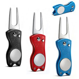 3-Piece Golf Divot Tool Set - Robust Stainless Steel Foldable Divot Tool Golf in Black Red Blue, Portable Golf Repair Tool for Green, Divot, Golf Course, Ball Marking, Accessories Gift for Golfers