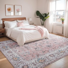8x10 Pink Washable Area Living Room Rugs, Bedroom Rugs Non Slip Vintage Neutral, Oriental Floral Carpets Modern Stain Resistant Low Pile Thin Soft Dining Room Office Decor
