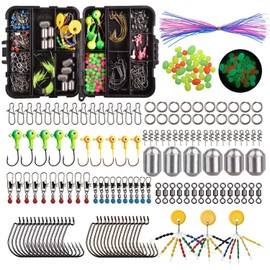 Fishing Tackle Box Kit Including Fishing Hooks,Sinker Weights,Crossline Barrel Swivel, Rolling Swivel Snap,Jig Hooks,Sinker Slides, Fishing Beads with Tackle Box (174pcs Tackle Box Kit)