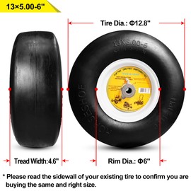 Horseshoe (2-Pack) Commercial Solid 13x5.00-6 Flat-Free Lawn Mower Smooth Tires with Steel Rim, Fits 36-68"deck Lawn Mowers & Gardon Tractor, Bore φ5/8" & Hub 3.25-5.9"