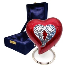 Heart Urn for Human Ashes - RED Angel Wings Heart Cremation Urn for everyones - Mini Urn with Box & Stand - Heart Shaped Memorial Urn - Small Keepsake Urn Heart - Honor Your Loved One with Urn