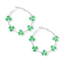 St Patricks Day Hoop Earrings For Women Giltter Green Shamrock Earrings For St. Patrick's Day Costumes Good Luck Holiday Jewelry (Silver)