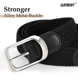 LEACOOLKEY 2 Pack Stretch Belts for Men Elastic Woven Braided Belt 1 3/8 Casual Golf Belt for Jeans Pants Black+White