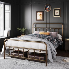 Topeakmart Queen Size Victorian Style Metal Bed Frame with Headboard/Mattress Foundation/No Box Spring Needed/Under Bed Storage/Strong Slat Support Bronze
