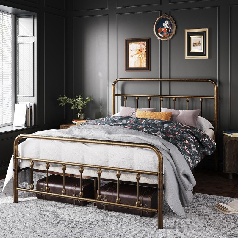 Topeakmart Queen Size Victorian Style Metal Bed Frame with Headboard/Mattress
