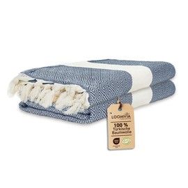 Loomvia Pack of 2 Large Hammam Towel, 100 x 180 cm, 100% Cotton, Beach Towel, Sauna Towel, Bath Towel, Absorbent & Lightweight, Sauna Towel for Men and Women, for Beach, Sauna, Bath, Azure Blue