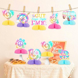 Kreatwow Tie Dye 10th Birthday Decorations for Girls 8pcs Tie Dye Honeycomb Centerpieces Peace out Single Digits Centerpieces Double Digits Decor for Rainbow Tie Dye Retro Hippie Theme 10th Birthday