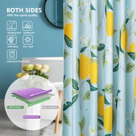 Yellow Lemon Shower Curtain Modern Plant Leaves Fabric Shower Curtains for Bathroom Sage Green Shower Curtain Blue Shower Curtain Sets with Hooks Cute Fruit Farmhouse Bathroom Decor Curtain 72×72