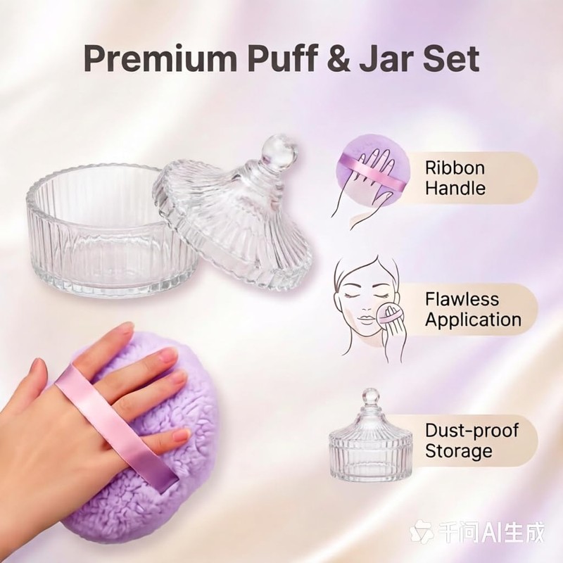 Body Powder Puff And Container With Puff Set 6" Crystal