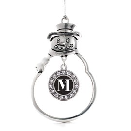 Inspired Silver - My Vintage Initials - Letter M Silver Christmas Ornament - Circle Charm Christmas Tree Ornament with Cubic Zirconia - Snowman Hanging Decoration