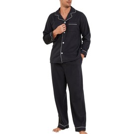U2SKIIN Mens Button Down Pajamas Set Soft Classic Lapel Sleepwear Long Sleeve Flannel Top & Pants Set(Black, XL)