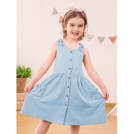 Vieille 4T Dress for Girls 5T Summer Dresses Toddler Button Down Beach Sundress with Pockets Light Blue