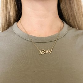 Cute Font Baby Necklace | Gold Silver Stainless Steel Angel Babygirl Name Word Pendant Chain Womens Girls Locket (Gold)