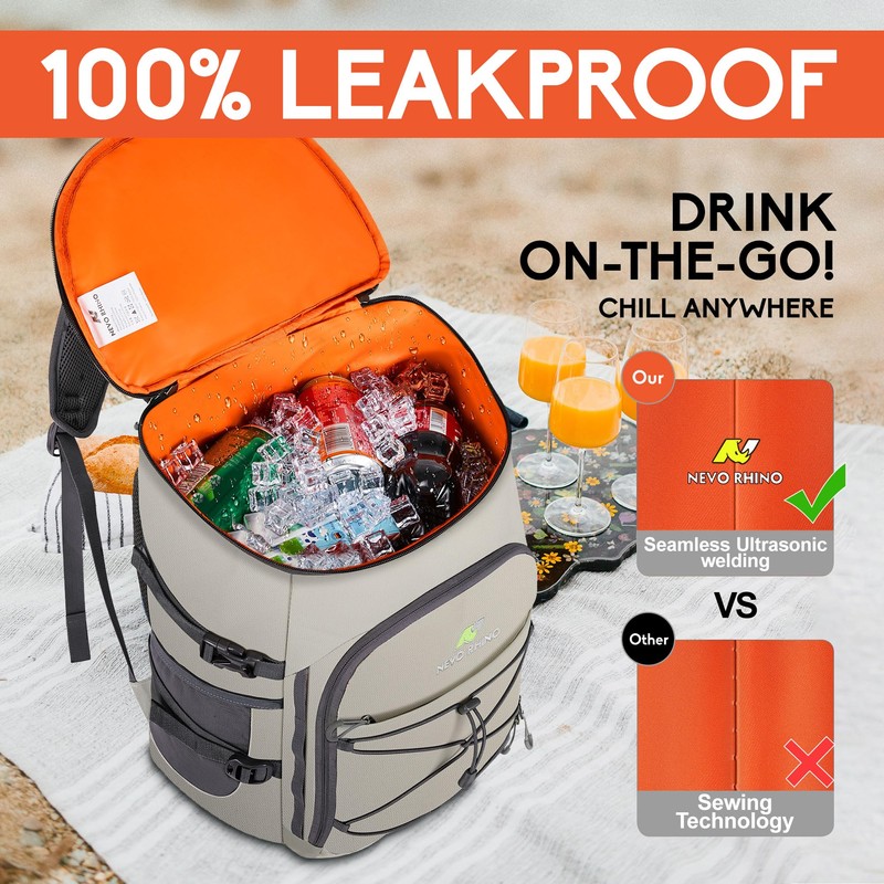 N NEVO RHINO Backpack Cooler, 36 Cans, Light Gray, Nylon,