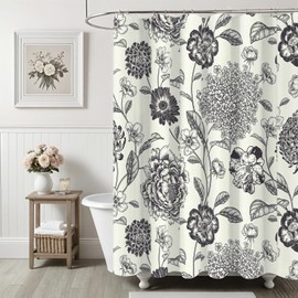 Ksriylm Black Linen Cotton Waterproof Shower Curtain, Farmhouse Gorgeous Floral Shower Curtains for Bathroom Decor, Chic Fabric Cloth Flower Leaves Shower Curtain 72" W x 72" L