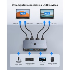 ABLEWE Interruptor KVM, interruptor KVM de aluminio ABLEWE HDMI, interruptor USB para 2 computadoras que comparten teclado de mouse y impresora a un monitor HD, compatible con 4 K a 60 Hz, 2 cables HDMI y 2 cables USB incluidos..