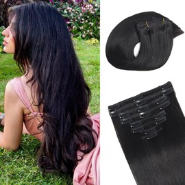 Ailiceehr Remy Hair Extensions clip ins Hair Etensions for Women 1b Black Double Weft Natural Hair Extensions Straight 8Pcs Soft and Thick 24inch 110g