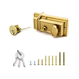 QWORK Night Latch Deadbolt Rim Lock with Key Gold Finish Antique Style Lock with Front Door Key