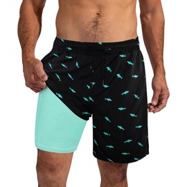 XiaoMoSha Mens Swim Trunks with Compression Liner 7" Quick Dry Board Beach Shorts Brief Liner Swim Suits Stretch Shorts Swimwear Swimming Trunks for Holiday Pool Outfits Black S