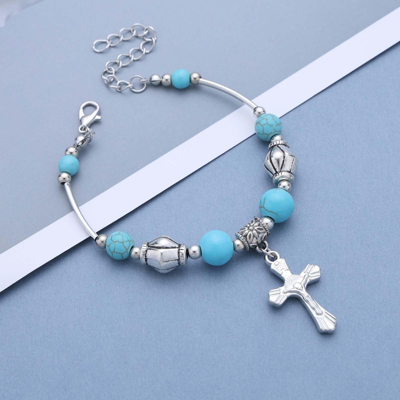 Inateannal Boho Turquoise Cross Drop Bracelet Turquoise Beads Bracelet Silver