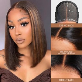 Smilegirl Wear and Go Highlight Ombre Brown Glueless Wigs Human Hair Pre Plucked Pre Cut,Short Bob 5x5 HD Lace Closure Glueless Wigs with Natural Hairline for Women 200% Density(12 inch)
