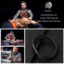 Casisto.J Men's Leather Bracelet Stainless Steel Engraved Black Braided with Magnetic Clasp, Stainless Steel