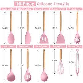 E-far Pink Silicone Cooking Utensils Set, 10-Piece Kitchen Utensils Set with Wooden Handle for Cooking, Non-toxic Silicone Kitchen Nonstick Tools Spatula Whisk Tongs Ladle, Heat Resistant & Health