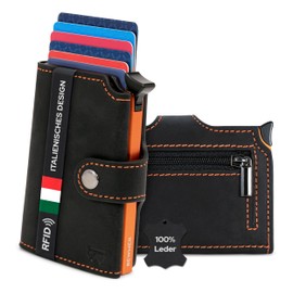 BEWMER v2 Genuine Leather Card Holder with RFID Protection & Anti-Cloning - Women's & Men's Wallet with Coin Compartment & Space for 9 Credit Cards - Men's & Women's Wallet with Clip Closure | Black/Orange