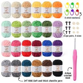 24 Pack Fluffy Velvet Yarn for Crocheting, Chunky Chenille Baby Yarn for Crocheting Soft Blanket, 1575 yds Amigurumi Yarns for Knitting, Bulky Multicolored Crochet Yarns Set A