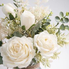 JARELING Silk Rose Flowers in Vase, Artificial Flowers Arrangement with Glass Vase Faux Rose for Decoration Table Centerpiece (White Rose)