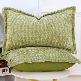 Madizz Set of 2 Chenille Velvet Cushion Covers with Flange Soft Boho Textured Throw Pillow Covers Broadside Pillowcases Modern Farmhouse Home Decor for Sofa Bedroom Light Green 12x20 inch, 30x50 cm