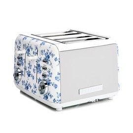 VQ Laura Ashley China Rose Stainless Steel 4 Slice Toaster | Multi-Functional Bagels & Bread Toaster 4 Slice with Adjustable Heating & Defrost Mode | Featuring 4 Wide Slots & Croissant Warming Rack