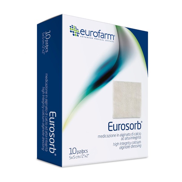Eurosorb Alginate Wound Dressing, (cm 5x cm 5) Sterile, Soft and Flexible. Highly Absorbent. Pack of 10.