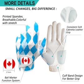 Men’s Golf Glove Colorful with Golf Score Counter Left Hand Right Handed with Ball Marker Value Pack Set, Weathersof Grip Soft Comfortable, Fit Size S M L XL Blue (White, Medium, Worn on Left Hand)