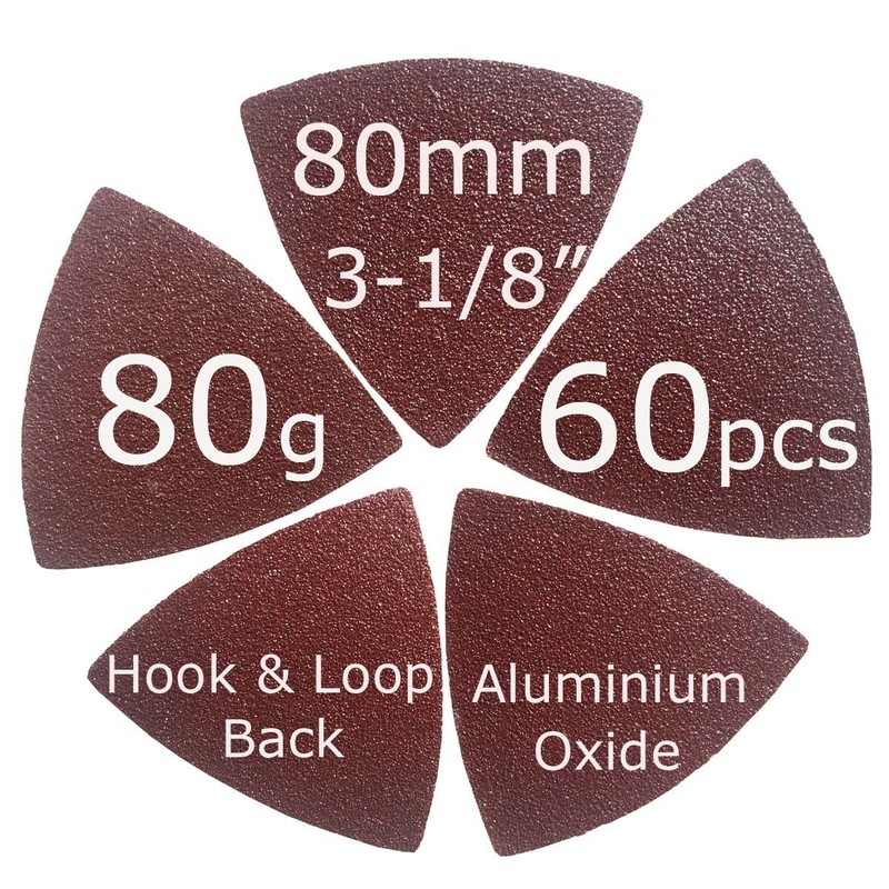 XXGO 60 Pcs 80 Grits 3-1/8 Inch 80mm Triangle Oscillating