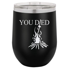 "You Died" Video Game Souls of the Dark Bonfire Design Engraved Insulated Stainless Steel Wine Tumbler, 12 Oz., Black