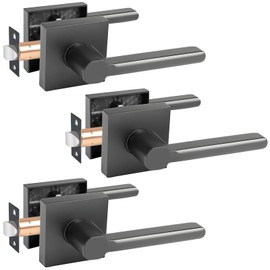 KAMOTA Passage Door Levers, 3 Pack Black Heavy-Duty Interior Door Handles, Square Non-Locking Door Locksets for Closets, Hallways and Conference Rooms, Left and Right Hand Reversible