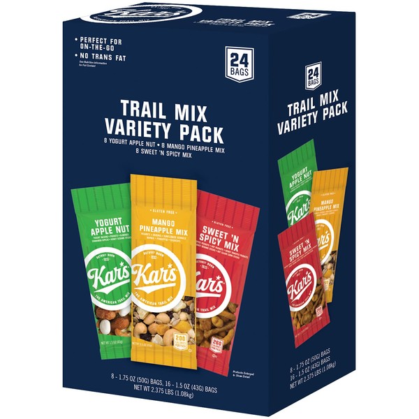 Kar’s Nuts Trail Mix Variety Pack, Pack of 24 – Yogurt Apple Nut, Mango Pineapple Mix, Sweet ‘N Spicy – Individually Wrapped, Gluten-Free Snack Mix