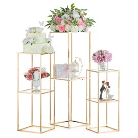 NUPTIO Gold Flower Stand for Centerpieces: 3 Pcs 23.6", 31.5" & 39.4" 2-Layer Tall Stand Pedestal Table with Acrylic Panel Metal Floor Vases Cylinder Stands for Wedding Centerpiece Party Decoration