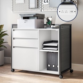 BELLEZE 3-Drawer Mobile File Cabinet Desk with Ultra-Fast USB Type A/C Outlet, Rolling Printer Stand with 2-Tier Open Shelves, Lateral Filing Cabinet for Home Office (Rider Desk - White)