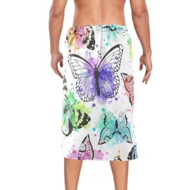 Kjovgcb Men's Half-Length Bath Towel Dress Bath Body Wrap, Absorbent Polyester Spa Towel Robe Bathrobe Elastic Waistband Print Colorful Watercolor Butterflies On White