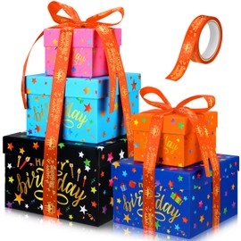 Geyoga 5 Pcs Birthday Square Nesting Gift Boxes with Lids Colorful Star Square Box 5 Assorted Sizes Stackable Gift Box for Birthday Baby Shower Party Present Packaging